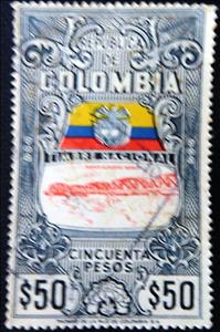 Revenue Stamp, Flag, Arms, Bridge in Puerto Berrio, Colombia,  , Bridges, Coats of Arms, Flags, Rivers