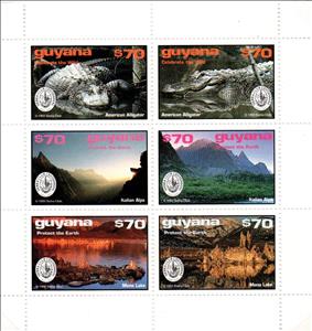 Mini Sheet, Alligator, Alligator, etc., Guyana,  , Animals (Fauna), Crocodiles, Landscapes, Mountains, Reptiles