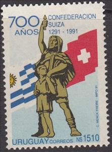 Stamp, Wilhelm Tell with son; Flags of Uruguay and Switzerland, Uruguay,  , Flags, Heroes