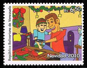 Stamp, Father and son opening Christmas gift, Venezuela,  , Christmas, Families, Presents / Gifts, Telephones