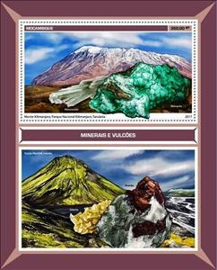 Souvenir Sheet, Minerals and volcanos, Mozambique,  , Landscapes, Minerals, Volcanos