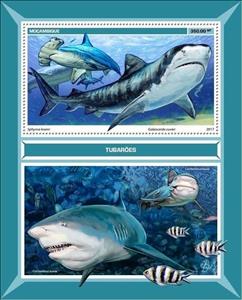 Souvenir Sheet, Sphyrma lewini, Galeocerdo cuvier, Mozambique,  , Animals (Fauna), Fishes, Sea Life, Sharks