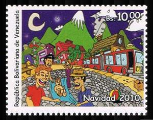 Stamp, Child on blanket in plaza, people and bus, Venezuela,  , Christmas, Mountains, Omnibuses