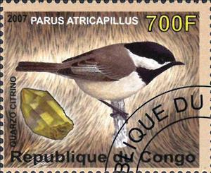 Stamp, Parus Atricapillus / Quarzo citrino, Cinderellas,  , Animals (Fauna), Birds, Minerals