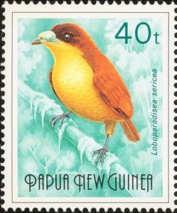 Stamp, Yellow-breasted Satinbird (Loboparadisea sericea), Papua New Guinea,  , Animals (Fauna), Birds