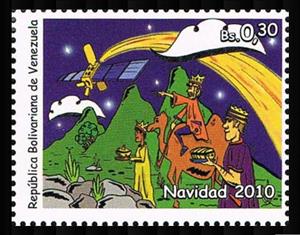 Stamp, Satellite over the Three Magi, Venezuela,  , Camels, Christmas, Kings, Presents / Gifts, Satellites