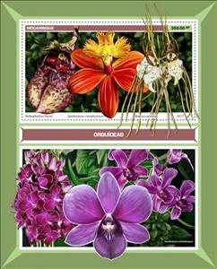 Souvenir Sheet, Bulbophyllum frostii, Epidendrum cinnaba-rinum, Brassia, Mozambique,  , Orchids, Plants (Flora)