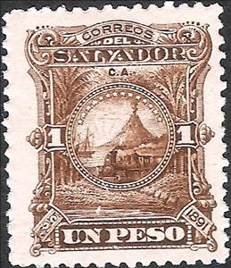 Stamp, Locomotive in front of San Miguel volcano, El Salvador,  , Locomotives, Palm-trees, Sailing Ships, Volcanos