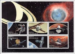 Mini Sheet, Man in Space, Angola,  , Moon, Satellites, Space Traveling, Spacecrafts