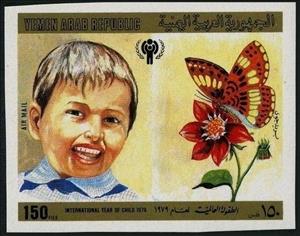 Stamp, Child and animals, Yemen, Arab Republic,  , Animals (Fauna), Butterflies, Children, Flowers, Plants (Flora)