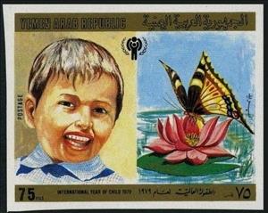 Stamp, Child and animals, Yemen, Arab Republic,  , Animals (Fauna), Butterflies, Children, Plants (Flora)