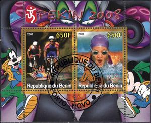 Mini Sheet, Olympic Games - Pekin 2008, Cinderellas,  , Aquatic Sports, Bicycles, Cartoons, Cycling, Disney, Olympic Games, Sports, Swimming