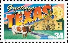 Stamp, Texas Longhorn (Bos primigenius taurus), The Alamo, United States of America,  