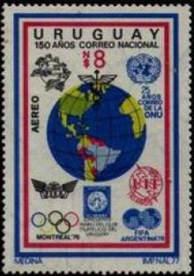 Stamp, Globe, emblems of UPU,FISa,UIT,ONU, FIFA, Uruguay,  , Globes, Philatelic Exhibitions, Seals (Emblems), U.I.T., U.N.O., U.P.U.