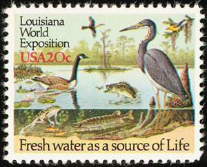 Stamp, Lake with different Animals, United States of America,  , Birds, Frogs, Water, World Exhibitions, Rivers, Animals (Fauna), Herons, Fishes