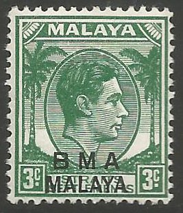 Stamp, Overprinted "B.M.A. Malaya", Straits Settlements,  , Famous People, Heads of State, Kings, Men, Palm-trees, Royalty