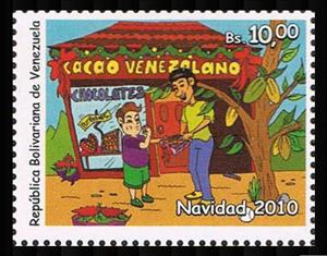 Stamp, Father and son outside of candy store, Venezuela,  , Christmas, Fruits, Shops, Trees