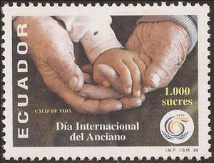 Stamp, Hands of Child and Old Person, Ecuador,  , Hands, International Years, Seals (Emblems)