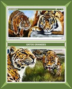 Souvenir Sheet, Panthera tigris amoyensis, Mozambique,  , Animals (Fauna), Cats of Prey, Leopards, Mammals, Tigers