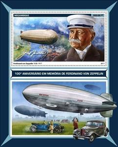 Souvenir Sheet, The 100th Anniversary of the Death of Ferdinand von Zeppelin, Mozambique,  , Zeppelins
