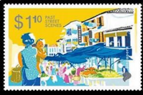 Stamp, Woman with Child in Street Market, Singapore,  , Townscapes / City Views