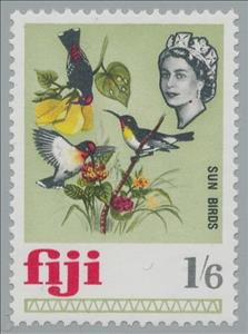 Stamp, 3 different Sunbirds (F: Nectariniidae), Fiji,  