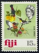 Stamp, 3 different Sunbirds (F: Nectariniidae), Fiji,  