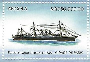 Stamp, Oceanic Steam Boat 1888 - City of Paris, Angola,  , Ships