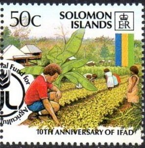 Stamp, Students working in field and emblem, Solomon Islands,  , Agriculture, Education, Flags, Seals (Emblems)