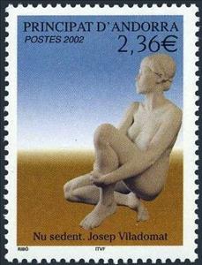 Stamp, Nude sitting. Painting by Josep Viladomat, Andorra, French Administration,  , Art, Nudes, Paintings