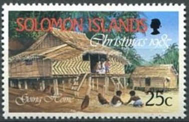 Stamp, Sigana, Santa Isabel, Solomon Islands,  , Palm-trees, People, Townscapes / City Views