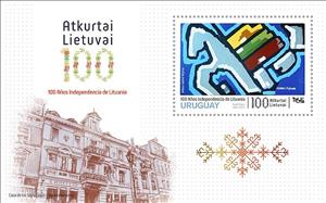 Souvenir Sheet, Centenary of the Independence of Lithuania, Uruguay,  , Anniversaries and Jubilees, Diplomacy, Flags