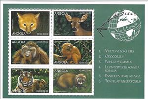 Mini Sheet, Animals of the World in the Process of Extinction, Angola,  , Animals (Fauna), Apes, Cats of Prey, Deer, Foxes, Mammals, Monkeys, Tigers