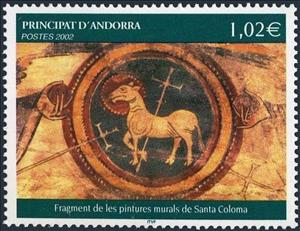 Stamp, Fragment of church murals Santa Coloma, Andorra, French Administration,  , Frescos, Religion