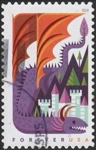 Stamp, Purple Dragon and Castle, United States of America,  , Castles, Dragons