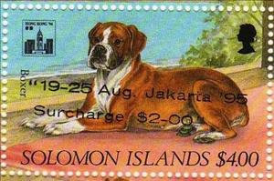 Stamp, Boxer, Solomon Islands,  , Animals (Fauna), Dogs, Mammals, Philatelic Exhibitions, Seals (Emblems)