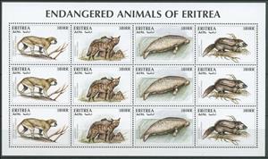 Mini Sheet, endangered animals of Eritrea, Eritrea,  , Animals (Fauna), Mammals, Monkeys, Rats, Rodents, Sea (Marine) Mammals, Sea Life