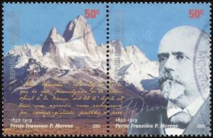 Se-tenant, Mount Fitz Roy & Francisco P. Moreno, Argentina,  , Famous People, Glaciers, Landscapes, Mountains, National Parks, Politicians, Scientists