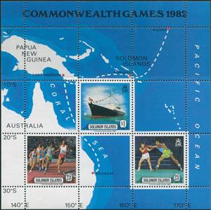 Souvenir Sheet, Commonwealth Games 1982, Solomon Islands,  , Maps, Ships, Sports