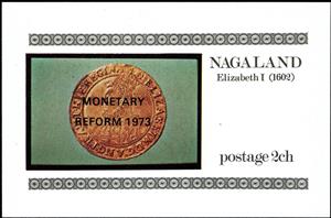 Souvenir Sheet, Elizabeth I overprint "MONETARY REFORM 1973", Cinderellas,  , Coins