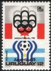 Stamp, Emblem Olympic Games 1976b& World Cup 1978, Uruguay,  , Football (Soccer), Olympic Games, Philatelic Exhibitions, Seals (Emblems), Sports