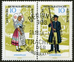 Se-tenant, Spreewald, Germany, Democratic Republic,  , Clothing, Folklore, Headgear, Men, Suits and Costumes, Women