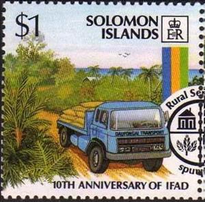 Stamp, Flatbed track transporting food and emblem, Solomon Islands,  , Flags, Palm-trees, Seals (Emblems), Transport, Trucks