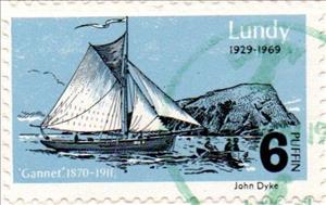 Stamp, 40th Anniv. of 1st Lundy stamp, Sailing Cutter "Gannet", Cinderellas,  , Ships