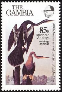 Stamp, American Darter (Anhinga anhinga) , Gambia,  , Birds, Animals (Fauna)