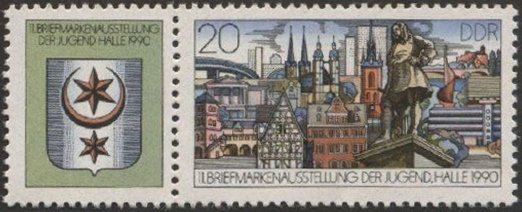Stamp, Tenant with deco-field, Germany, Democratic Republic,  , Buildings, Philatelic Exhibitions, Townscapes / City Views