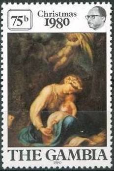 Stamp, Rest on the Flight, Gambia,  , Christmas, Paintings, Religion