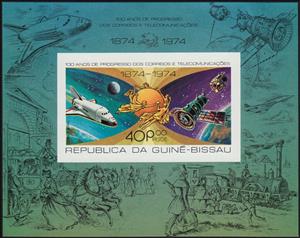 Souvenir Sheet, 100 Years of Progress of Post and Telecommunication, Guinea-Bissau,  , Seals (Emblems), Spacecrafts, U.P.U.