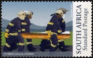 Stamp, Firefighters Carrying a Stretcher, South Africa,  , Fire-brigade, Rescue Services, Rescue Squads