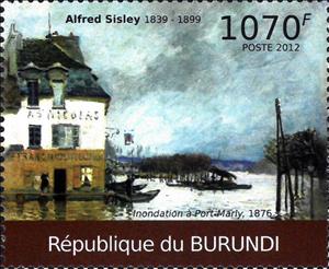 Stamp, "Flood at Port-Marly" (1876), Burundi,  , Paintings